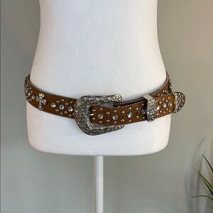 Studded Leather Rhinestone Belt with Silver Buckle